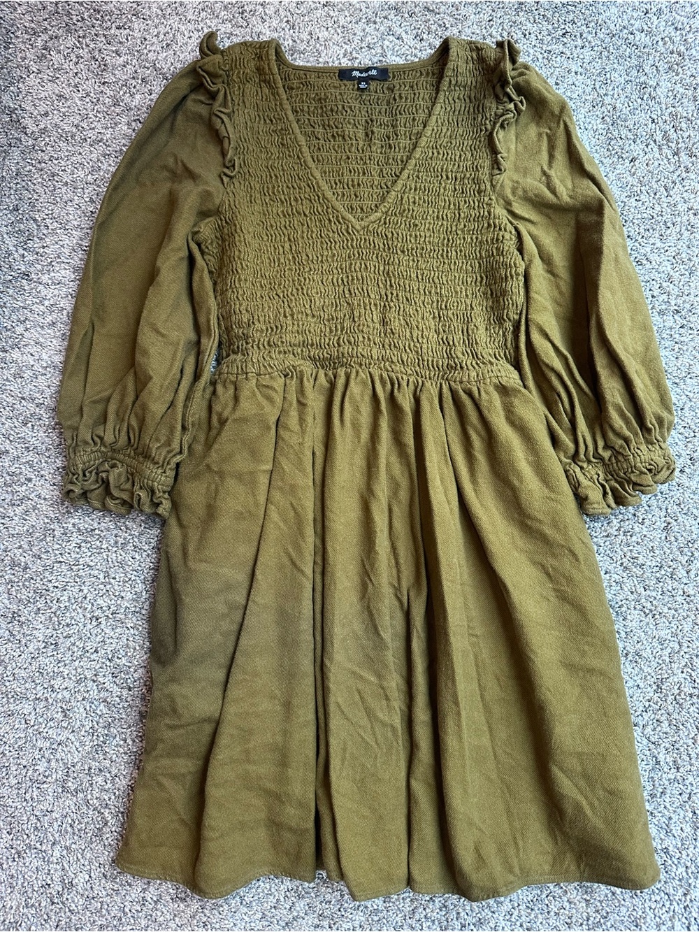 Madewell Moss Green Smocked Bodice Women’s Dress